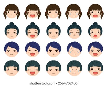 Boy and girl facial expression icon illustration set