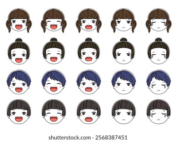 Boy and girl facial expression icon illustration set