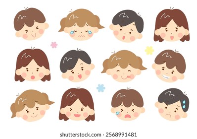 Boy and girl facial expression set