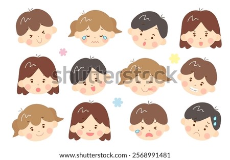 Boy and girl facial expression set