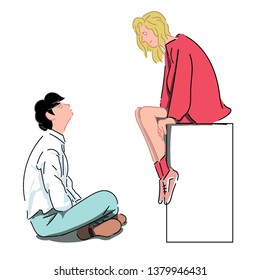 The boy and the girl are facing each other. romantic mood. hand drawn style vector design illustrations. 
