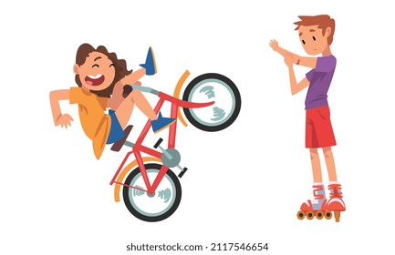 Boy and Girl Falling Off Bike and Having Elbow Injury Riding Roller Skates Vector Set