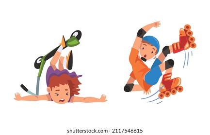 Boy and Girl Falling Off Roller Skate and Kick Scooter Vector Set