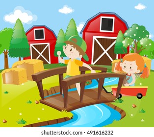 Boy and girl in the farmyard illustration