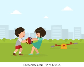 Boy and Girl Fighting for Ball, Bad Behavior, Conflict Between Kids, Vector Illustration