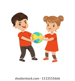 Boy and girl fighting for the ball vector Illustration on a white background