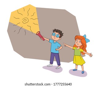 Boy and girl finding ancient drawing artifact on wall in escape quest room. Kids solving bookmark charade. Vector children and interesting challenge. Mystery mission. Active logic reality game