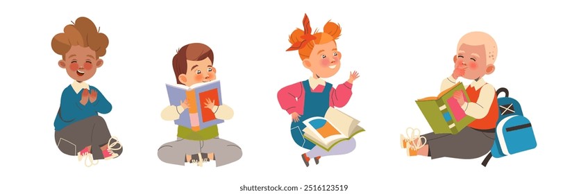 Boy and Girl First Grader with Backpack Cheering and Having Fun Vector Illustration Set