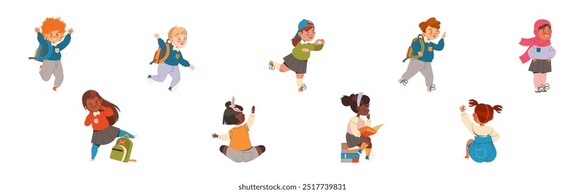 Boy and Girl First Grader with Backpack Cheering and Having Fun Vector Illustration Set