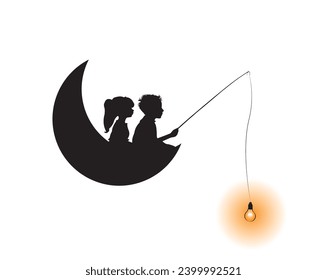 Boy and girl fishing on the moon, vector. Fishing boy silhouette on moon with stars. Wall decals isolated on white background, art design, artwork. Childish art design