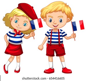 Boy and girl with flag of France illustration