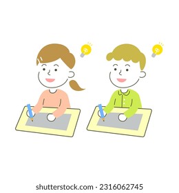 boy, girl, flash, come to mind, idea, study, school, class, simple, set, pair, human, child, kid, illustration, vector