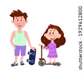 Boy and girl flat characters - brother with a skateboard and sister on a scooter.