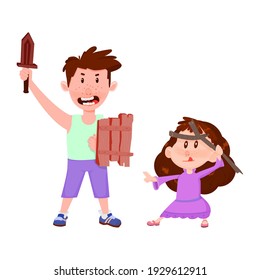 Boy and girl flat characters - play with sword, shield and stick.