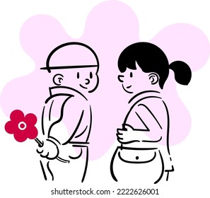 Boy and girl with a flower, vector cartoon drawing