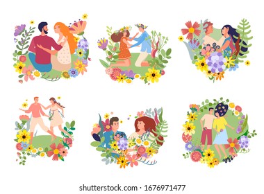 Boy and girl flowered frame on gently hug. Sit walk on flowery nature on hand drawn vector illustration isolated on white. Couple leaves people card wedding invitations. Flower frame
