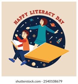 Boy and girl fly over books. Reading books becomes an adventure. Happy Literacy Day concept. Flat vector illustration.