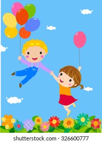 boy and girl flying in balloons