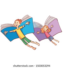 boy and girl flying with book wings on their back