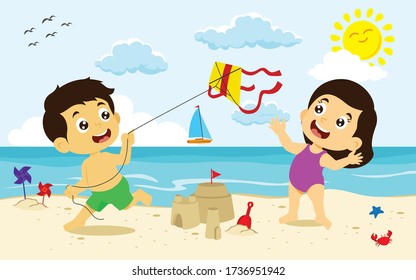 boy and girl flying kite playing on the beach, summer vacation activity