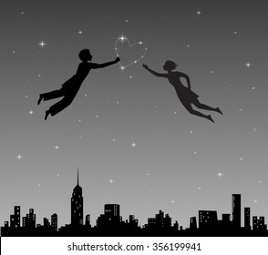 Boy Girl Flying Night Sky Constellation Stock Vector Royalty Free