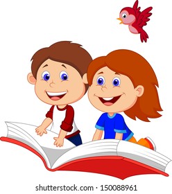 Boy and girl flying on a book