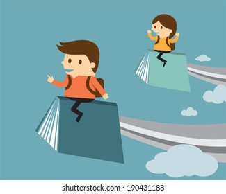 Boy and girl  flying on book, Education concept