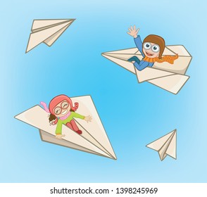 Boy and girl flying on a paper plane - Illustration