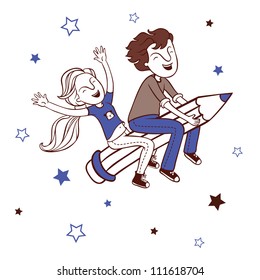 Boy and girl flying on a pencil. Background back to school. Cartoon illustration with children.