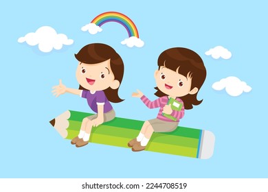 Boy and girl flying on a pencil ,Back to School Concept Group of Kids 
 Kids Riding a Pencil Rocket in the Skies