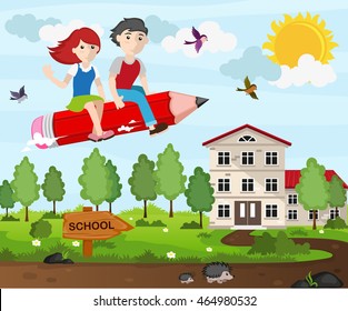 Boy and girl flying on a pencil. Back to school concept illustration