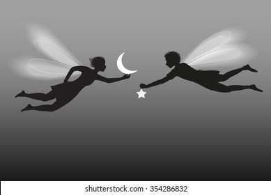 boy and girl flying silhouette with white heart, Valentine`s day, marriage abstract, vector.
