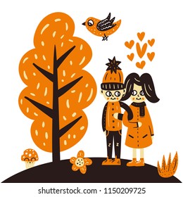 Boy and girl in forest .Cute vector autumn illustration. For cards, posters, apparel