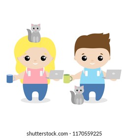 Boy and girl freelancer cartoon style. Set of cute cartoon children in professions. Vector illustration