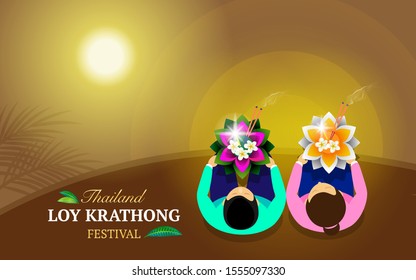 Boy and girl friend Loi Krathong by the river Top view concept