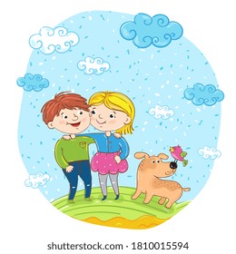 Boy and girl friends embracing outdoors. Two happy children kids cartoon characters walking with dog in summer. Boy and girl having fun together vector illustration