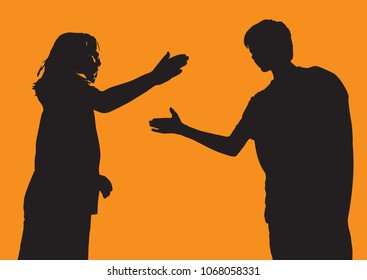 Boy and girl friends greeting each other, giving a high five in silhouette.Vector background illustration