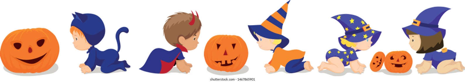 Boy and girl are friends. Halloween carnival. Vector, isolated. Socialization, Infancy.  Children crawl. Kids are looking at the pumpkin.