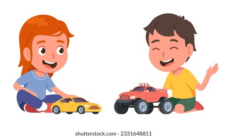 Boy and girl friends kids playing with toy cars. Happy brother and sister children persons cartoon characters playing together. Kindergarten game, childhood playtime fun flat vector illustration 