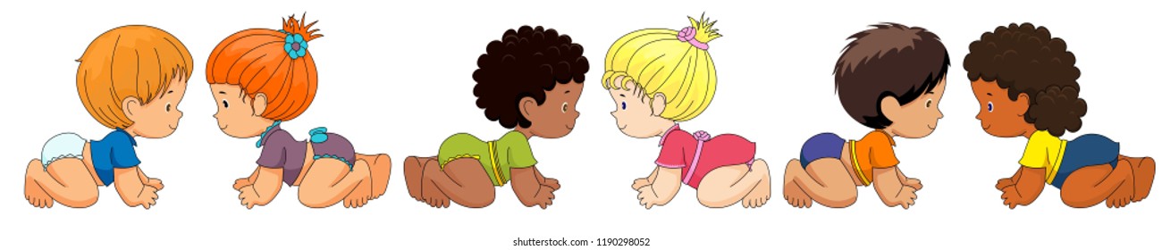 Boy and girl are friends. Vector, isolated. Socialization, Infancy. Diapers. Children are crawl. Kids zone, friends making, hilarious, multiethnic