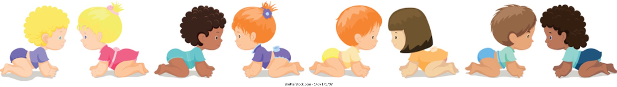 Boy and girl are friends. Vector, isolated. Socialization, Infancy. Diapers. Children are crawl. Kids zone, friends making, hilarious, multiethnic, crawl, brothers, sisters. - Shutterstock ID 1459171739