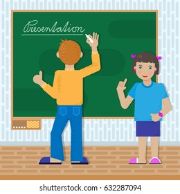 Boy and girl in front of school board. Vector illustration.