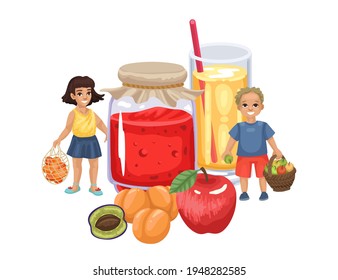 Boy and girl with fruits. Fruit supplies, vitamins for children, fruit juice and jam, children with a harvest. Apples and peaches, oranges and plums. Vector isolated illustration on white background.