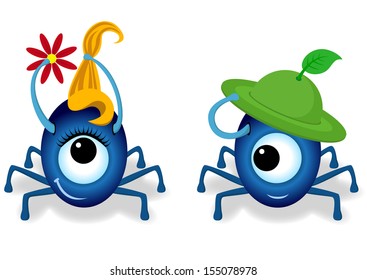 Boy and girl funny monsters with flowers