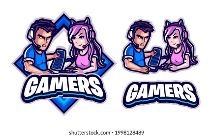 BOY AND GIRL GAMERS ILLUSTRATION LOGO TEMPLATE