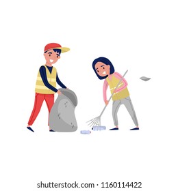 Boy and girl gathering garbage and plastic waste for recycling, environmental protection and education concept vector Illustration on a white background