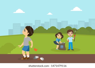 Boy and Girl Gathering Rubbish in Park, Bully Boy Throwing Garbage on Street Vector Illustration