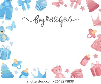 Boy or girl gender reveal background with cute baby flat illustrations in pink and blue theme for party or announcement card