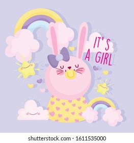 boy or girl, gender reveal its a girl cute rabbit with pacifier rainbow decoration card vector illustration