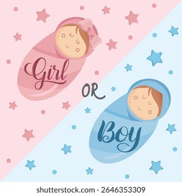 Boy or girl gender reveal greeting card with pink and blue design elements Perfect for baby shower party or announcement invitation template